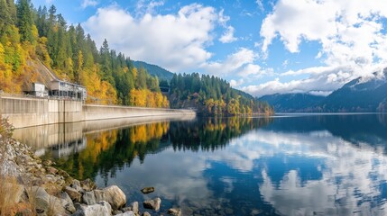 Fototapeta premium Scenic View of a Tranquil Lake Surrounded by Autumn Foliage and Majestic Mountains Under a Bright Blue Sky with Fluffy Clouds Reflecting on the Water