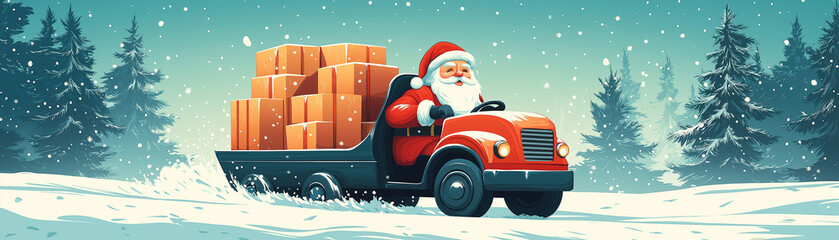 Depict Santa driving a sleigh that resembles a delivery truck, with gifts stacked in the back