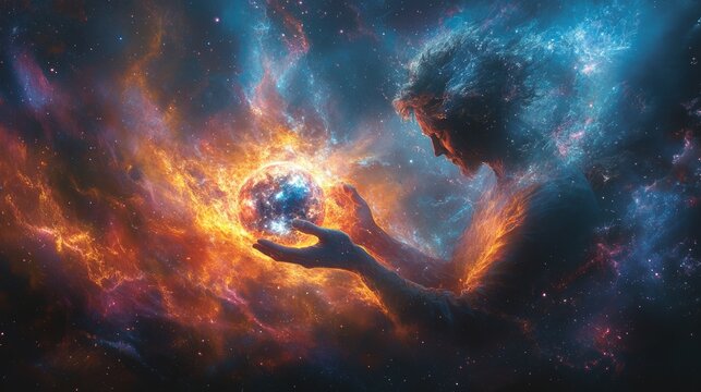 Mystical creation of the universe, cosmic figure shaping a glowing Earth amid vibrant nebulae, deep blues and purples, radiant golds, serene yet awe-inspiring atmosphere.
