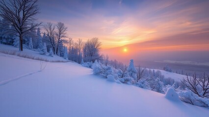 Obraz premium Serene Winter Sunrise Over Snowy Landscape, Perfect for Wall Art or Desktop Background