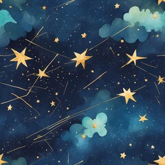 Fototapeta premium Colorful starry night sky with golden stars and clouds, whimsical design and cosmic atmosphere