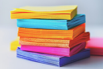 Colorful sticky notes neatly stacked on a white background.