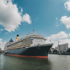 A stunning panoramic shot of a ship docked in a city, set against a dramatic sky