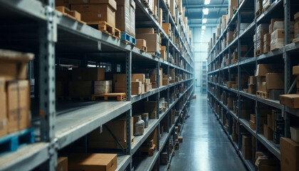 Empty metal shelves in a storage room or warehouse.

