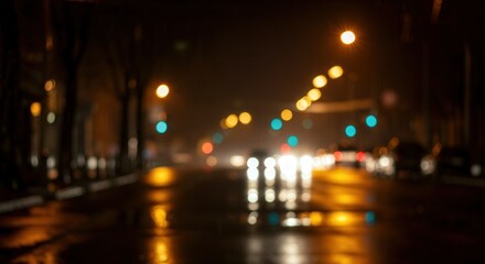 Nighttime urban city street with blurred bokeh lights capturing road safety and traffic ambiance