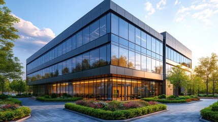 Obraz premium Modern Glass Office Building with Landscaped Grounds