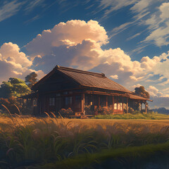 A traditional Japanese house in the countryside, with a soft cloudy sky, diffused light casting a serene glow over the wooden structure, surrounded by lush green field. Created using generative AI.