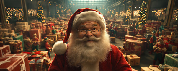 Santa overseeing a busy toy warehouse, with elves packing gifts