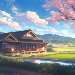 A traditional Japanese house in the countryside, with a soft cloudy sky, diffused light casting a serene glow over the wooden structure, surrounded by lush green field. Created using generative AI.