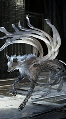 Cybernetic Nine-Tailed Fox, a mesmerizing fusion of technology and mystique, with optical fiber tails and electro-optical eyes revealing hidden digital realms.