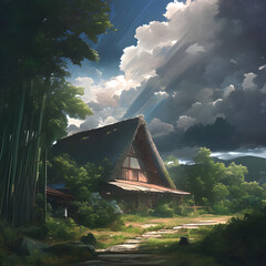 A traditional Japanese house in the countryside, with a soft cloudy sky, diffused light casting a serene glow over the wooden structure, surrounded by lush green field. Created using generative AI.