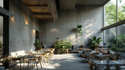 Contemporary cafe with concrete walls and terrace furniture, bathed in natural daylight, sleek aesthetics