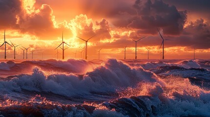 A stormy sea with wind turbines offshore under a dramatic sunset sky. Dark clouds contrast with red and orange hues from the setting sun.