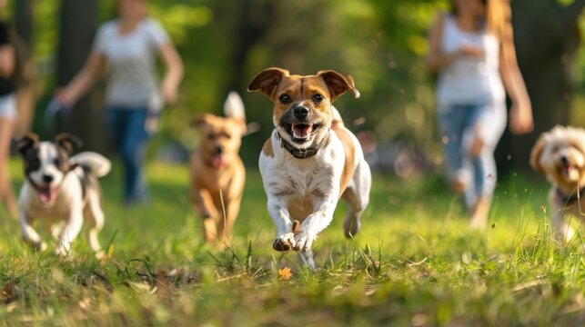 Blurred scene of joyful canines playing fetch and their owners catching up.