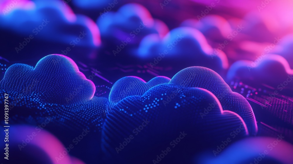 Poster A captivating display of clouds composed of tiny particles illuminates a dark space with purple and blue hues. The digital texture enhances the visual appeal, creating a mesmerizing atmosphere.