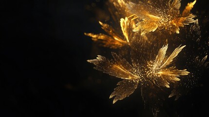 Golden fireworks bursting elegantly in a dark background, featuring intricate golden textures and ample negative space for customizable text.