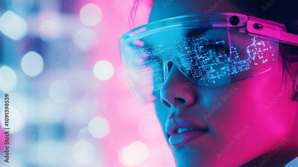 Poster a woman looks intently while wearing advanced visual glasses that display a digital cityscape. the c