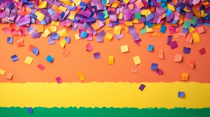 Colorful paper confetti scattered on a vibrant orange backdrop, creating a festive and cheerful atmosphere.