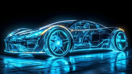 Naklejka premium futuristic electric car, fully visible, smooth transparent structure, showcasing cutting-edge battery, illuminated blue highlights, state-of-the-art battery technology, dynamic energy movement,