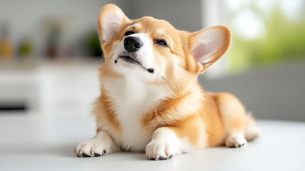 Adorable Corgi Dog Relaxing on a Bright Sunlit Table with a Serene Expression, Perfect for Capturing Joyful Pets Moments in a Lively Home Environment