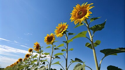 Tall sunflowers standing in a row against a bright blue sky, country side, green grass, tall flowers, field, garden