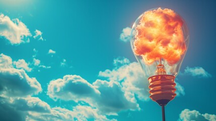 Bulb with bright clouds, pop art retro aesthetic, bold and dynamic scene