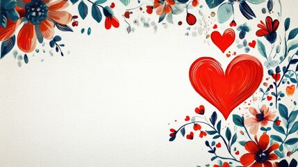 Decorative white postcard featuring vibrant floral and heart motifs, perfect for conveying congratulations and best wishes, with ample space for personalized messages.