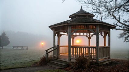 Fototapeta premium The fog seeps into the crevices of the wooden gazebo's structure, creating an eerie, mystical glow that seems to emanate from within its very core, fog, mist, shore