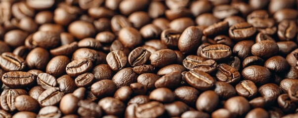Naklejka premium Coffee and bakery coffee beans flavor conceptual. Close-up of roasted coffee beans, showcasing their rich texture and color, perfect for coffee enthusiasts and culinary uses.