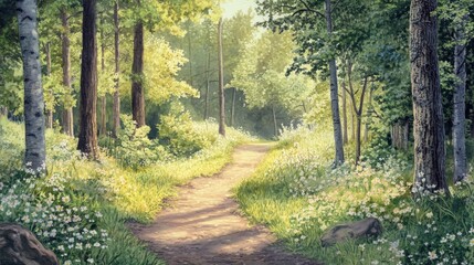 Obraz premium Serene Forest Path: A Tranquil Escape - Peaceful forest trail, sunlight dappled, flowers blooming, inviting path, nature's tranquility.