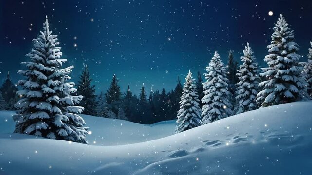 foggy fir tree and night landscape in winter. Snowing outside. Christmas tree forest