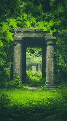 Naklejka premium A stone archway surrounded by lush greenery in a serene environment.