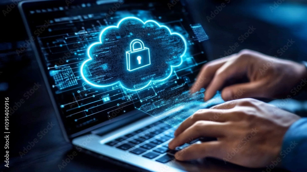 Poster A person is working on a laptop, and a digital cloud icon with a lock is projected onto the screen. Their fingers are typing on the keyboard.