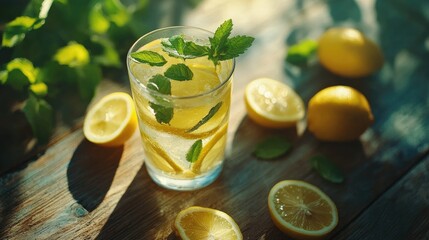 Fototapeta premium A refreshing glass of lemonade with fresh lemon slices and mint leaves, served on a rustic wooden table. A crisp, cool drink perfect for a hot day.