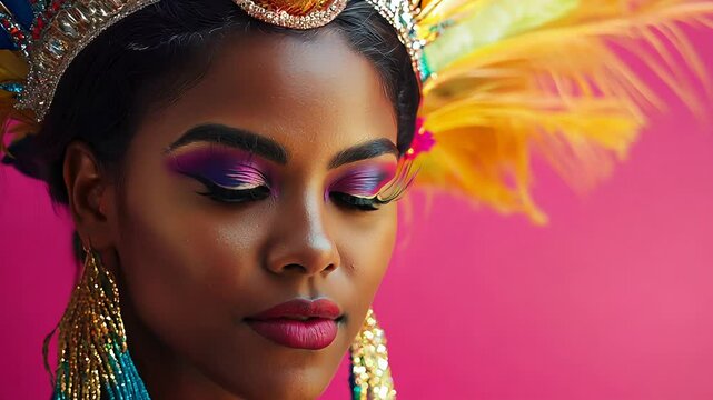 Brazilian wearing Samba Costume. Beautiful Brazilian woman wearing colorful costume and smiling during Carnaval street parade in Brazil.