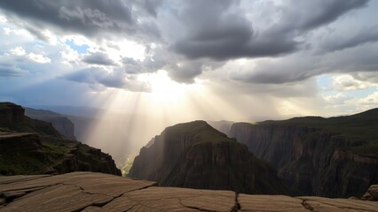 Naklejka premium Majestic Mountain Valley Sunbeam: Capture Nature's Serenity and Grandeur for Wall Art or Desktop Backgrounds