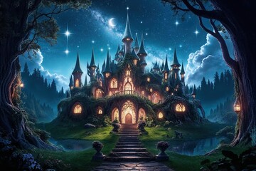 Enchanted Woodland Palace Under a Starry Sky: Stunning Fantasy Illustration in an Otherworldly Night Landscape