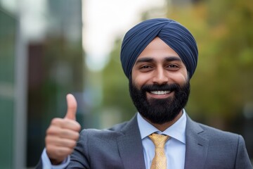 Smiling Sikh Businessman Giving Thumbs Up - Successful Sikh businessman, positive attitude, thumbs up gesture, confident expression, professional attire.