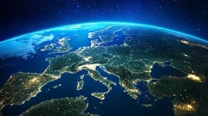 Fototapeta premium Illuminated Earth at Night, a satellite view showcasing major industrial regions glowing brightly, reflecting the critical role of semiconductor technology in global economies.