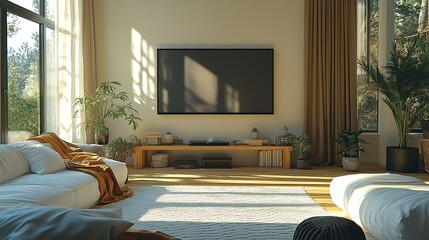 Modern Living Room Interior Design: Sunlight Streaming Through Large Windows, Illuminating a Cozy and Minimalist Space with Plush Couches, Plants, and a Large Flat-Screen TV.