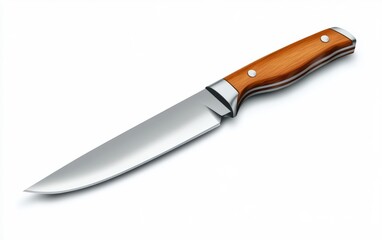 Fototapeta premium Sharp kitchen knife with a metallic blade and wooden handle, placed on a white background, high detail -