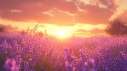 Majestic summer sunset casting golden hues over a vibrant lavender field adorned with lush purple blossoms under a dreamy sky.