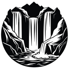 Waterfall Over Rocky Cliffs Minimalist Vector Silhouette with White Background.