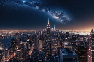 Fototapeta premium Luminescent City Skyline: A Breathtaking 3D Digital Landscape with Intricate Urban Patterns and Starry Night