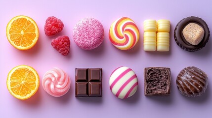 Obraz premium Colorful Array of Delicious Confectionery Treats Including Candies, Chocolates, and Fresh Fruits on a Light Purple Surface for Sweet Inspiration