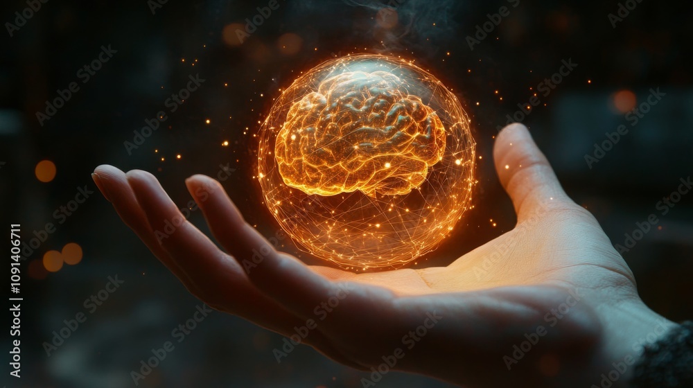Leinwandbilder an outstretched hand gently holds a glowing orb representing a brain, surrounded by sparkling light.