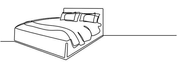 Bed in continuous line art drawing style. Double-size bed with bedding. Home furniture black linear design isolated on white background. Vector illustration, Continuous one line drawing of double bed.