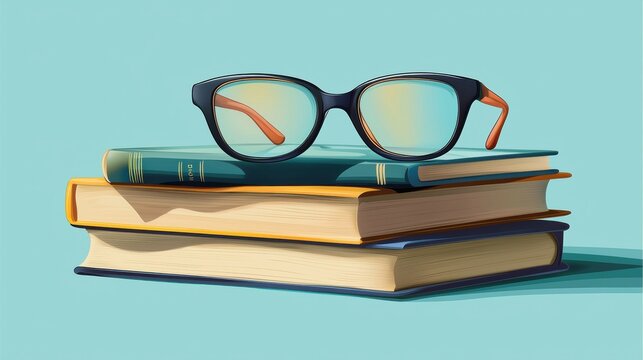 Stylish Glasses Resting on a Stack of Colorful Books with a Soft Blue Background Ideal for Education, Learning, and Literary Themes