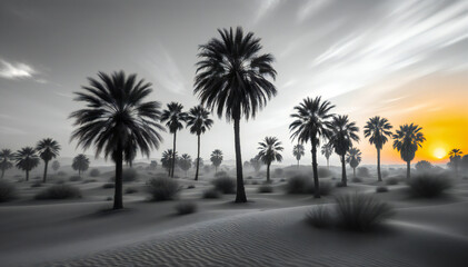 A dramatic landscape of palm trees silhouetted against a black and white desert sunrise, evoking a sense of mystery and the beauty of the natural world. 