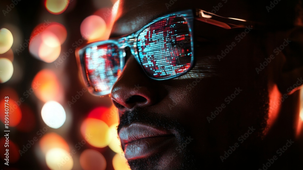 Aufkleber a man is seen wearing innovative glasses that display digital patterns, capturing vibrant reflection